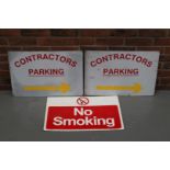 Two Metal Contractors Parking Signs & Plastic No Smoking Sign