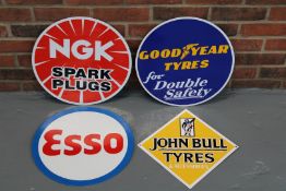 Three Circular Metal Motoring Signs & John Bull Tyres Sign