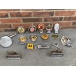 Ten Vintage Car Badges, Two Chrome Mirrors & Door Handles Etc