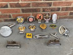 Ten Vintage Car Badges, Two Chrome Mirrors & Door Handles Etc