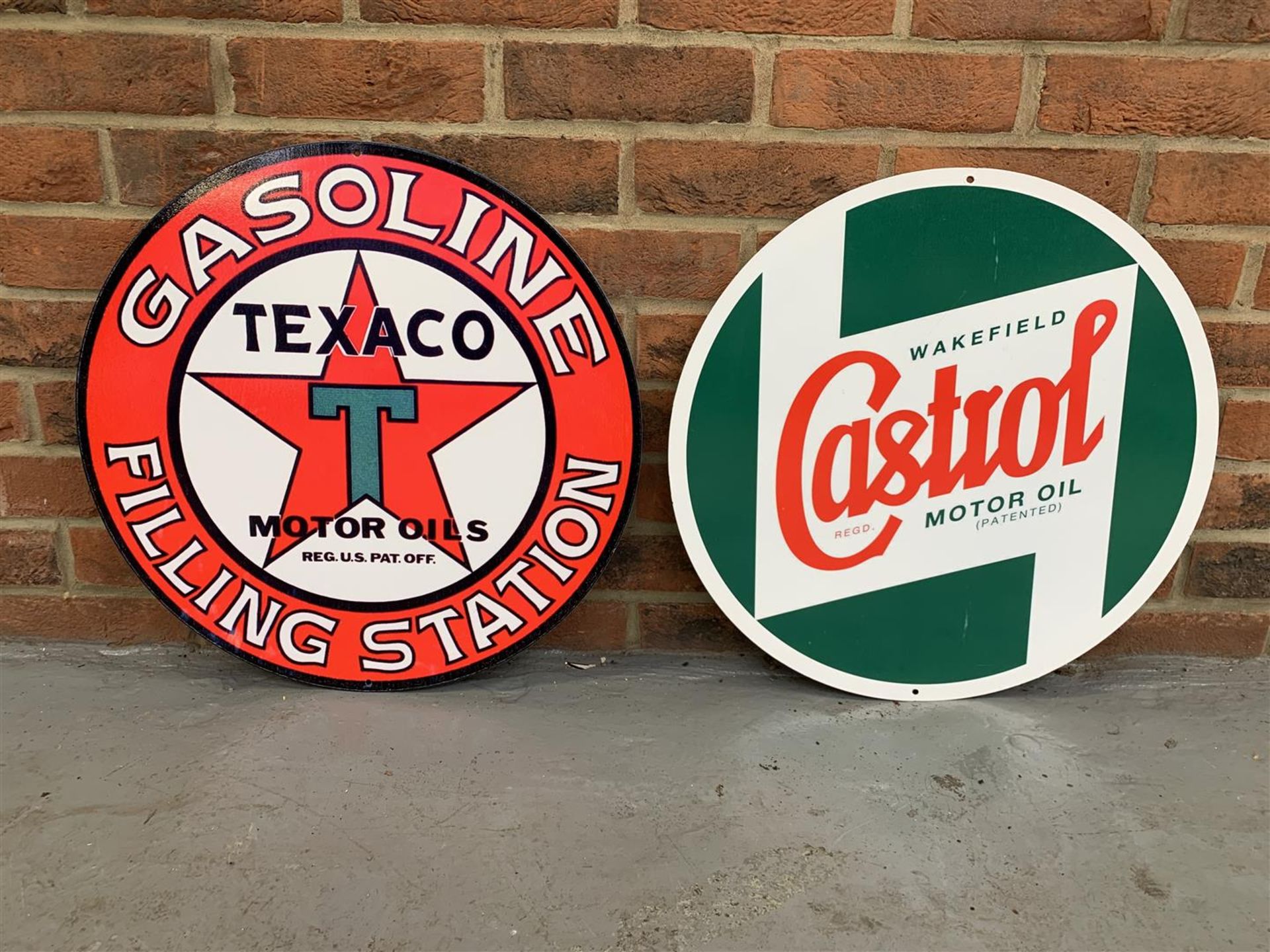 Two Metal Circular Texaco & Castrol Signs