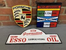 Three Cast Iron Signs, Porsche, Esso Etc (3)