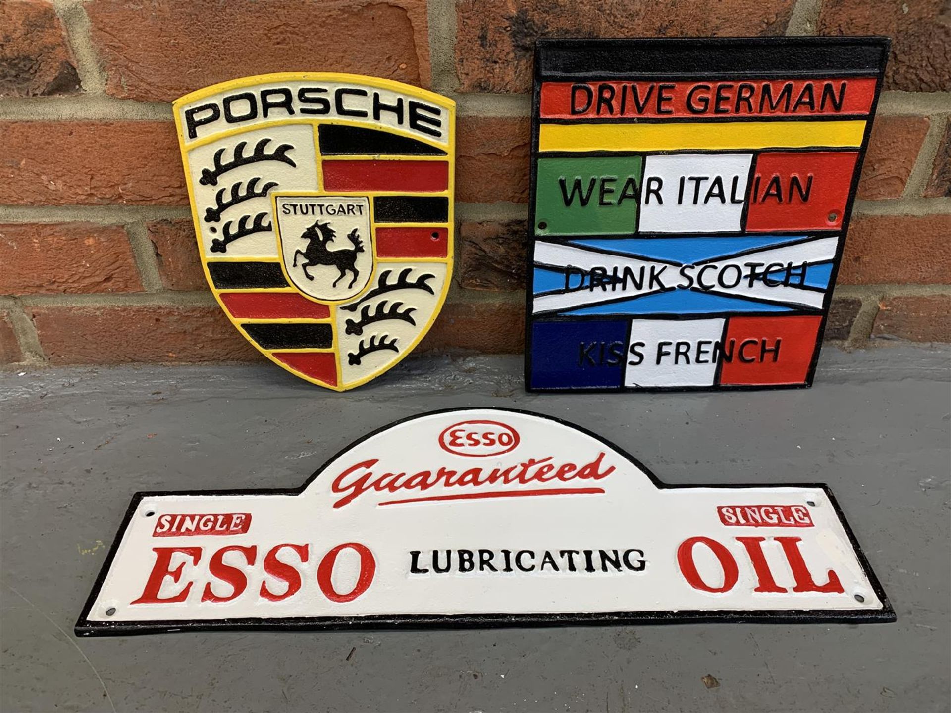 Three Cast Iron Signs, Porsche, Esso Etc (3)