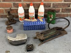 Box Of Castrol Oil Bottles, Foot Pump & Waltham Aviation Clock