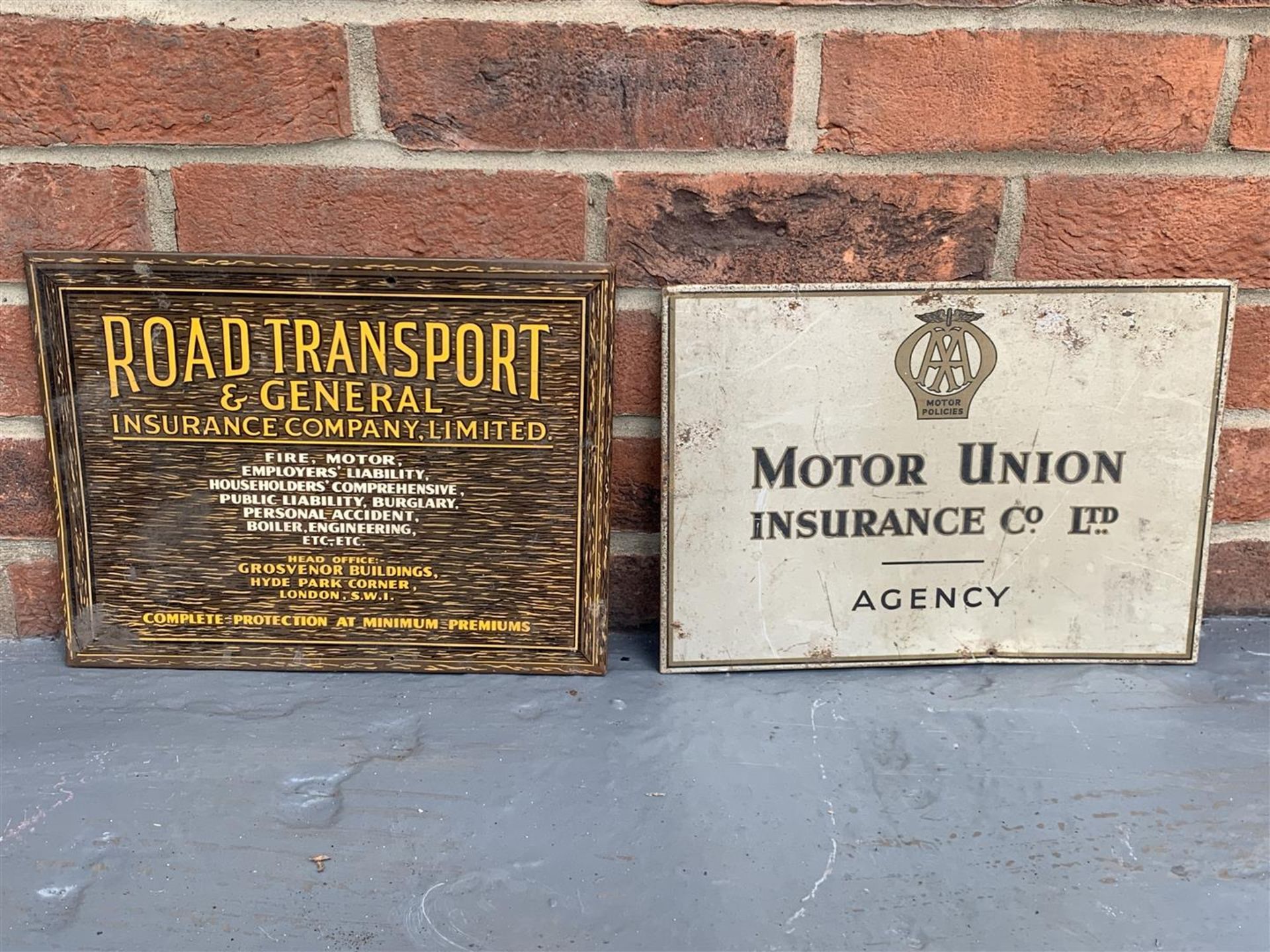 Two Tin Transport & Motor Union Insurance Signs