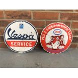 Two Circular Enamel Vespa Service & Esso Extra Signs