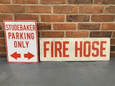 Two Metal Signs Studebaker Parking & Fire Hose (2)