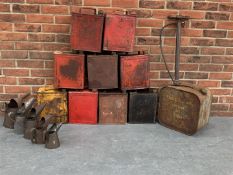 Nine Two Gallon Fuel Cans, Five Oil Jugs & Vintage Pump