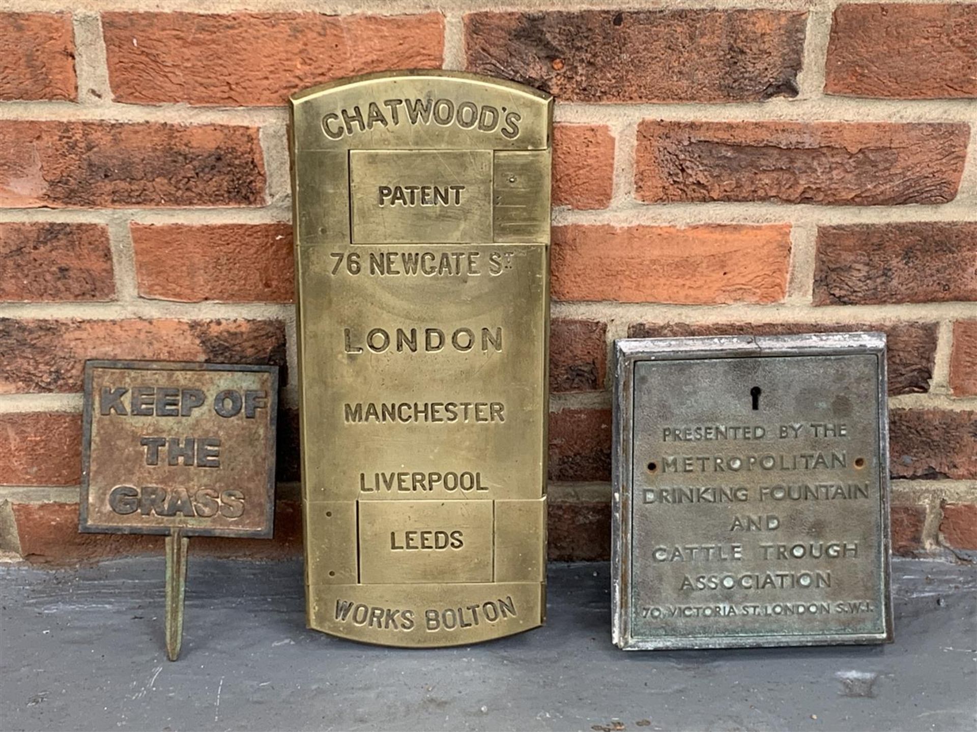Brass Chatwoods Lock Plate, Drinking Fountain Lock Plate & Cast Iron Keep Off The Grass Sign
