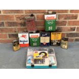 Six Vintage Oil Cans, Excelene & Superfine Cans & Puncture Repair Kit