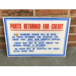 Perspex Parts Returned For Credit Sign
