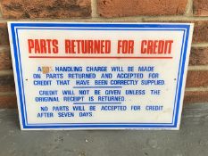 Perspex Parts Returned For Credit Sign
