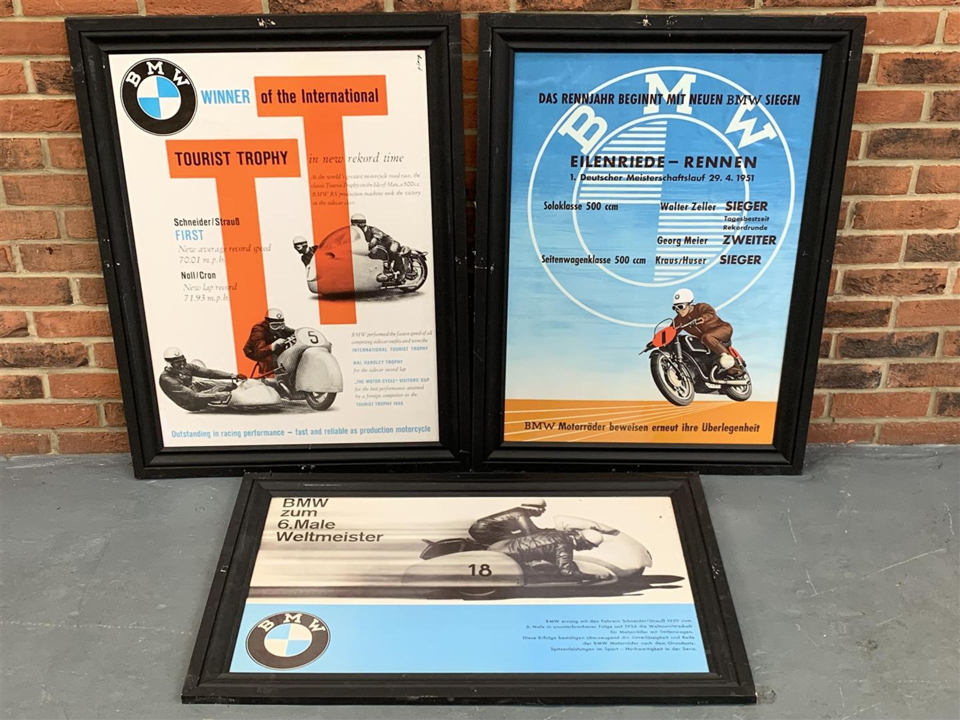 Three BMW Framed Motorcycle Prints On Plastic Board