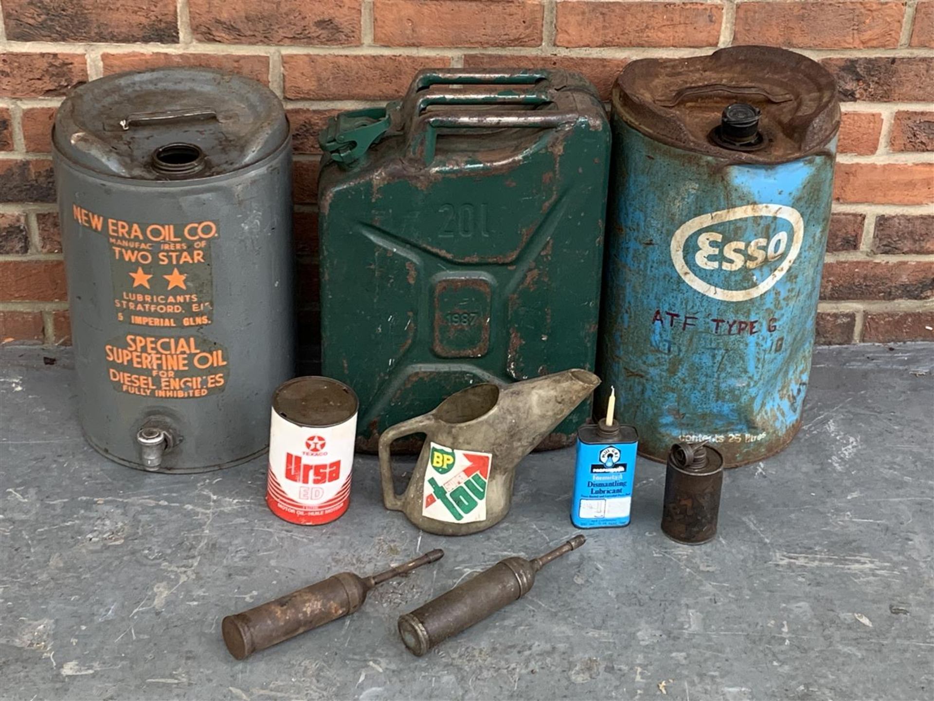 Quantity Of Vintage Oil Cans, Jugs & Greasers Etc