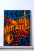 An Original Painting By Chris Rea - Cavallino Rampante with abstract car, Cathedral &amp; Mandolins
