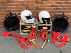 Two Racing Helmets, Various Seat Belt Harnesses, Axle Stands Etc