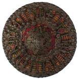 A LATE 18TH OR EARLY 19TH CENTURY OTTOMAN KALKAN SHIELD OR BUCKLER, 23.5cm diameter fabric covered