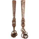 A BRACE OF LATE 17TH OR EARLY 18TH CENTURY INDIAN SPEAR BUTTS OR SANG, each of 18.5cm length, the