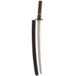 A WAKIZASHI, 53.2cm Shinto blade with one mekugi-ana, bound tsuka with stippled shakudo fuchi-