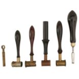 A SMALL COLLECTION OF ACCESSORIES, to include four shot or powder easures, one by Dixon and one by