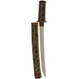 A FINE CLOISONNE MOUNTED TANTO, 28.7cm hira-zukuri Shinto blade signed Shinano Hirokane, suguha