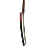 A WAKIZASHI, 54.8cm Shinto blade with one mekugi-ana, midare hamon, fully bound tsuka with iron