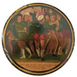 A 19TH CENTURY SCOTTISH LACQUER CIRCULAR PATCH BOX OF JACOBITE INTEREST, the lid with painted and