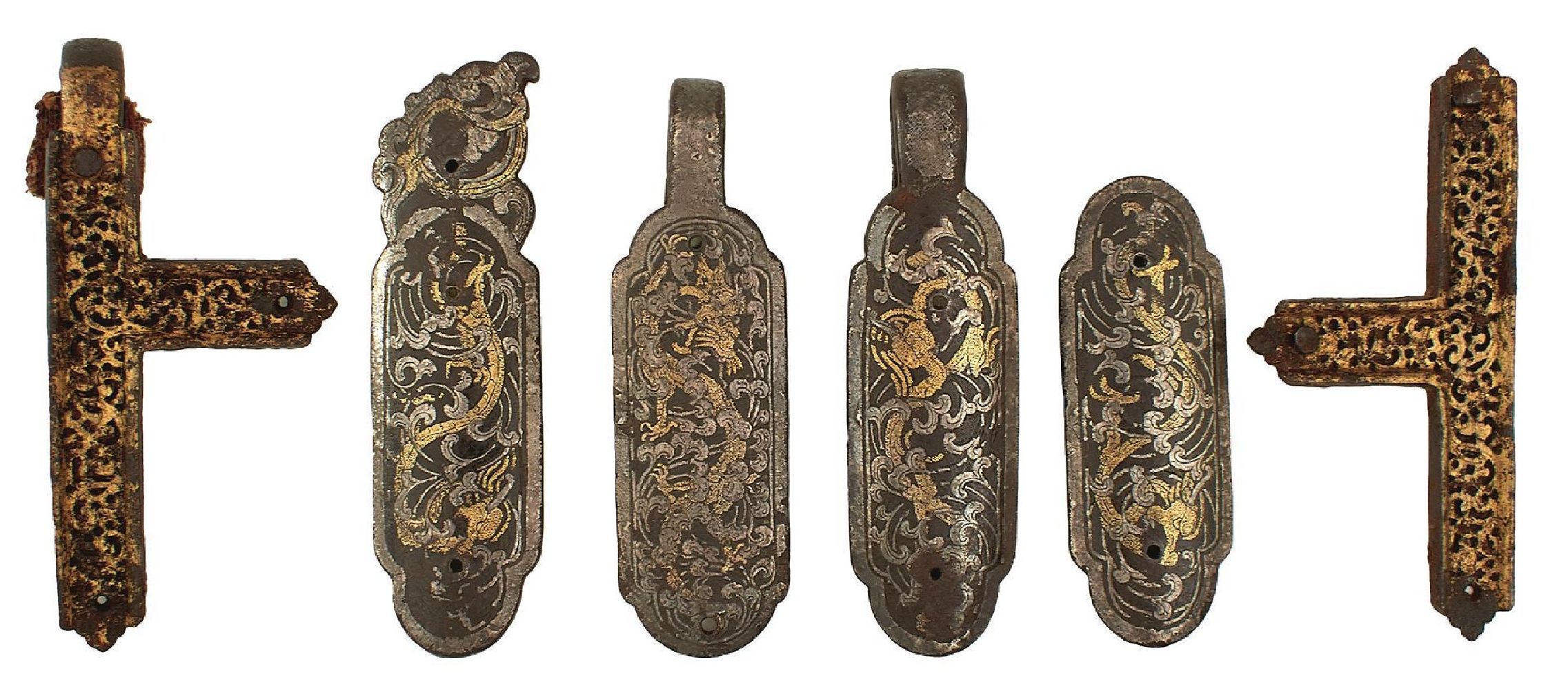 SIX VARIOUS TIBETAN HARNESS MOUNTS, four decorated with dragons amidst foliage in gilt and white