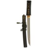 AN AIKUCHI, 22.6cm hira-zukuri Shinto blade with hi, three mekugi-ana, suguha hamon, masame hada,