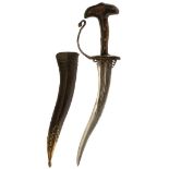 AN 18TH CENTURY INDIAN KHANJARLI OR DAGGER, 22cm recurving double fullered blade, characteristic