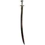 AN 18TH CENTURY INDIAN TULWAR, 79.5cm triple fullered curved damascus blade, characteristic hilt