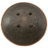 A 19TH CENTURY INDO-PERSIAN DHAL OR SHIELD, the 46.5cm diameter body profusely decorated with