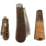 THREE VARIOUS FOLDING KNIVES, comprising a Joseph Rodgers & Sons knife containing two fleams or