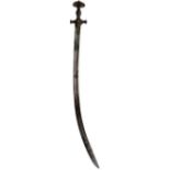 A 19TH CENTURY INDIAN TULWAR, 81cm sharply curved fullered heavy section blade with clipped back
