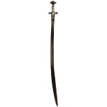A LATE 18TH CENTURY INDIAN TULWAR, 80.5cm curved fullered clipped back blade, characteristic hilt