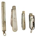 FOUR NOVELTY MINIATURE PEN KNIVES, one with mother-o'-pearl handles and silver blade hallmarked
