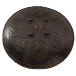 AN ENORMOUS 19TH CENTURY INDIAN DHAL OR SHIELD, 71.5cm diameter body chiselled with bands of