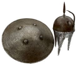 A LATE 19TH OR EARLY 20TH CENTURY INDO-PERSIAN KULAH KHUD AND SHIELD, the skull decorated with a