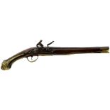 A 19TH CENTURY 18-BORE FLINTLOCK TURKISH HOLSTER PISTOL, 32cm tapering barrel, stepped lock, full