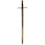 A REPRODUCTION BROADSWORD, 83.5cm fullered blade, plain iron crossguard, spherical brass pommel,