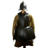 AN ENGLISH CIVIL WAR PERIOD PIKEMAN'S ARMOUR, comprising two-piece pot with low roped comb and