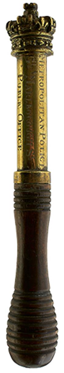 A VICTORIAN BRASS TIPSTAFF, of characteristic form, the crowned brass tubular body engraved