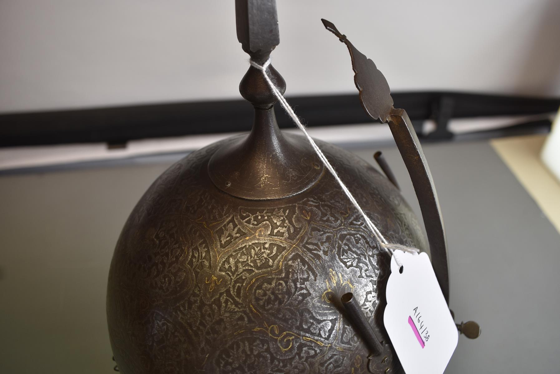 A 19TH CENTURY INDO-PERSIAN KULAH KHUD OR HELMET, the iron bowl etched overall with flowering - Image 8 of 13