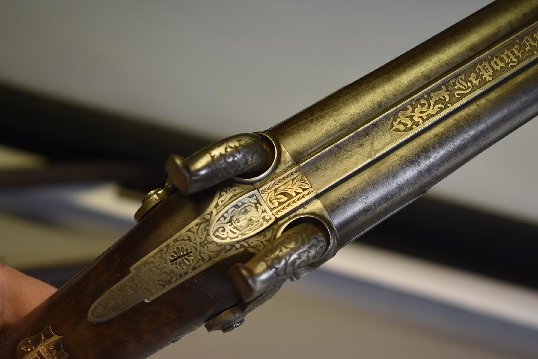 AN 18-BORE FRENCH PERCUSSION SPORTING GUN BY LEPAGE, 31.25inch sighted damascus barrels etched - Image 4 of 11