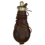 A HAWKSLEY RIFLE POWDER FLASK, the brown pigskin covered body with white metal top stamped with