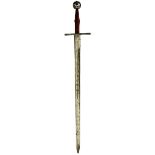 A 14TH CENTURY ITALIAN HAND AND A HALF SWORD OF WAR, 93cm fullered broadsword blade inlaid in yellow