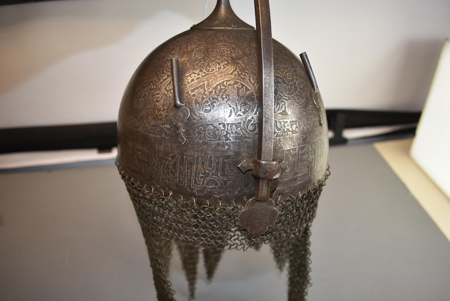 A 19TH CENTURY INDO-PERSIAN KULAH KHUD OR HELMET, the iron bowl etched overall with flowering - Image 9 of 13