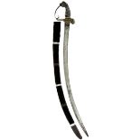 A RARE 19TH CENTURY SILVER MOUNTED MALAYAN SABRE, 70cm curved single edge blade, silver hilt with