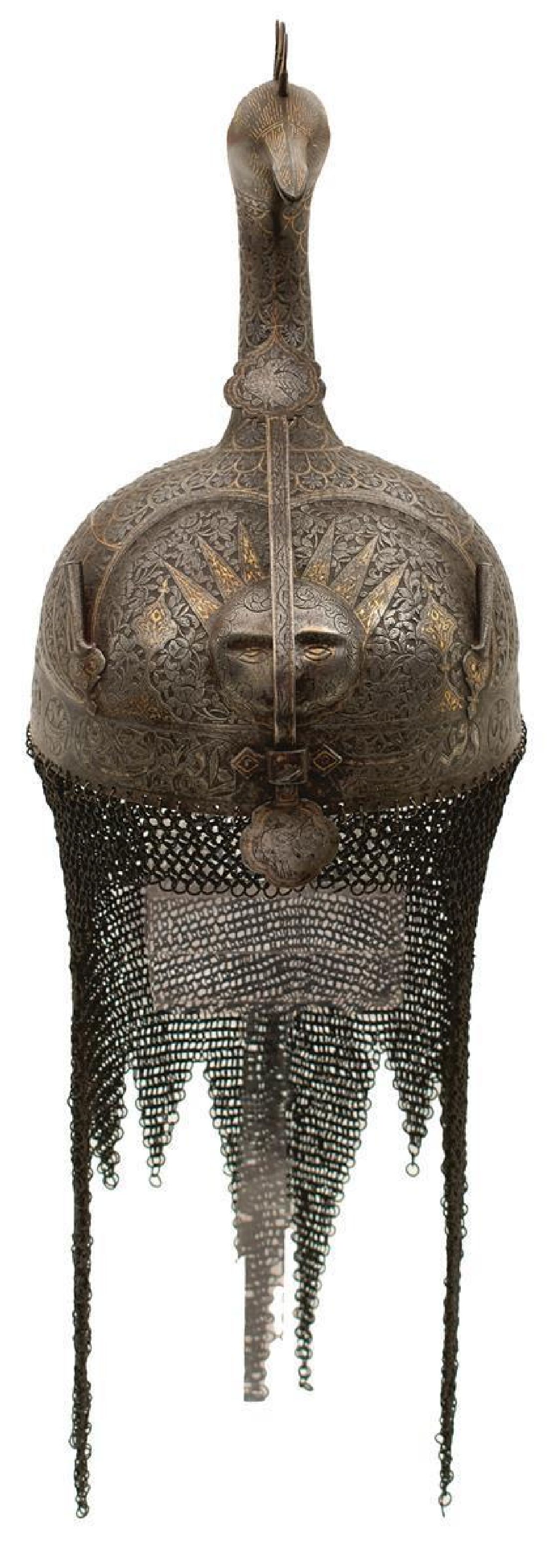 A FINE 19TH CENTURY PERSIAN KULAH KHUD OR HELMET, the single piece skull with bold peacock's head