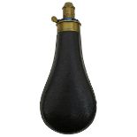 A BARTRAM POWDER FLASK, the leather covered body with brass top with maker's details, adjustable